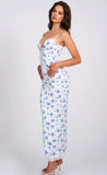 ROBE LONGUE EN DENTELLE SATINÉE À IMPRIMÉ FLORAL BLEU 