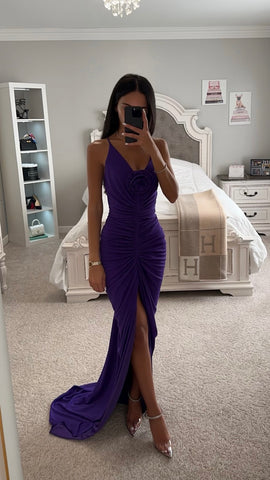 low cut purple dress Off Shoulder Side Slit Dusty Purple Long Evening Cheap Party Prom Dresses, Cheap Prom Dresses, MR7241