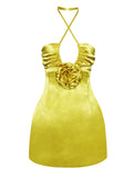 ABITO CORTO IN RASO ORO ROSETTE CON SCOLLO A V