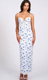 ROBE LONGUE EN DENTELLE SATINÉE À IMPRIMÉ FLORAL BLEU 