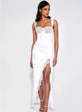 ROBE CORSET MAXI EN SATIN ET DENTELLE BLANCHE
