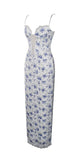 ROBE LONGUE EN DENTELLE SATINÉE À IMPRIMÉ FLORAL BLEU 