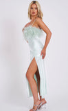 ROBE LONGUE À PLUMES MENTHE YANA
