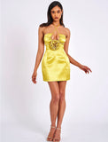 ABITO CORTO IN RASO ORO ROSETTE CON SCOLLO A V