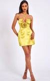 ABITO CORTO IN RASO ORO ROSETTE CON SCOLLO A V