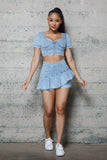 DENIM FRONT SIDE RUFFLE SHORTS