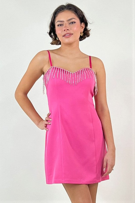 pink dress with rhinestone fringe Trendy, Chic Women's Clothing Boutique Fore Collection Hot Pink Halter Neck Mini Dress for Women, Size S Lane 201
