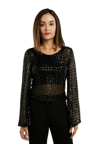 HAUT À MANCHES LONGUES À PAILLETTES TRANSPARENTES