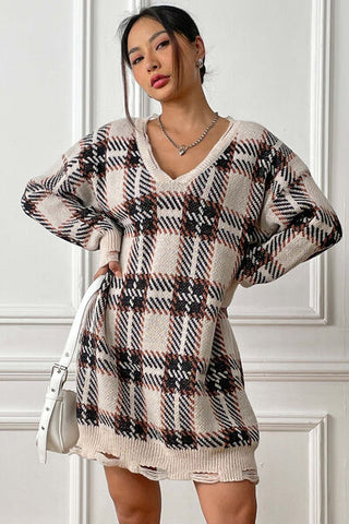Womens Loose Fit Plaid Sweater Dress V Neck Frayed Cuff Sweater Dress One Size Fits Most Trendy Oversized Pullovers Plaid Jumpers Mini Dress, Apricot