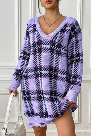 Womens Casual Fall Dress 2025 V Neck Long Sleeve Loose Fit Pattern Warm Pullover Dress Mini Jumper Sweater Dress