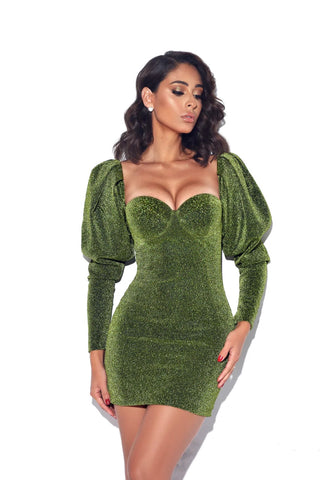 MINI ABITO VERDE METALLIZZATO CON SPALLE A SBUFFO