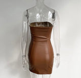 BROWN LEATHER MINI DRESS