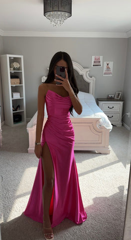 ABITO ASIMMETRICO IN RASO FUCSIA