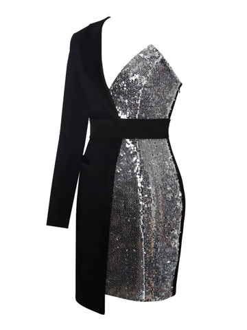 half sequin blazer dress Double Breasted Shoulder Pads Long Sleeve Velvet Collar, Amelia Sequin Blazer Dress in Black, Size 2X, For Cocktail