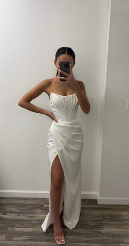 white corset dress off shoulder Miss Circle Women Annika White Off Shoulder Long Sleeve Corset Dress With Crystal Trim