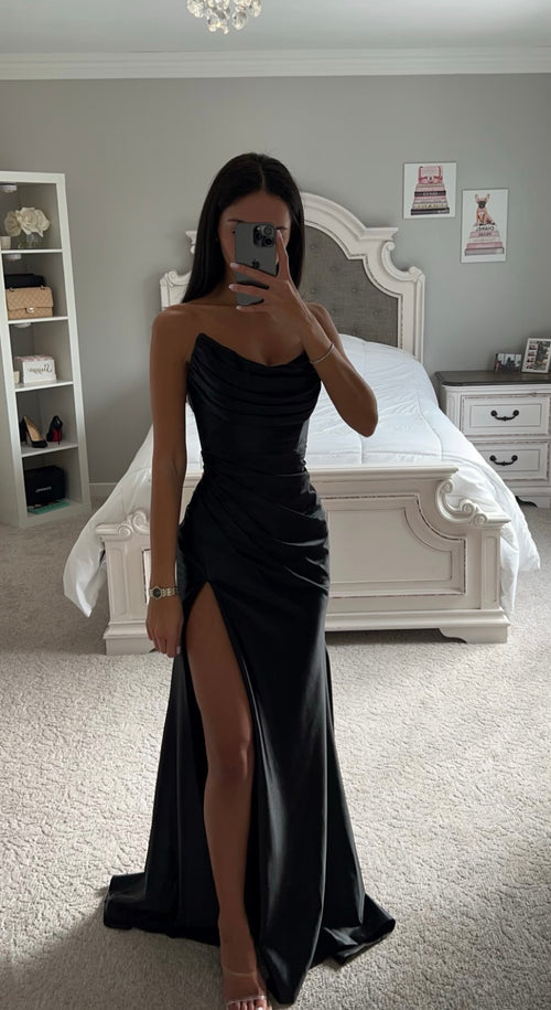 Black Asymmetrical Satin Gown Large / Black Black Asymmetrical Satin Gown Large / Black