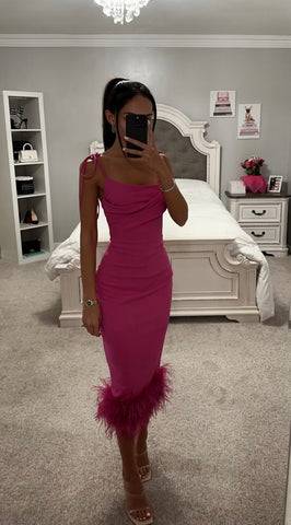 pink fluffy trim dress Feather Trim Mini Dress Long Sleeve Cocktail Party Dress
