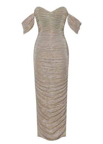 GOLD OFF SHOULDER RUCHED MIDI DRESS As Shown / XS GOLD OFF SHOULDER RUCHED MIDI DRESS As Shown / XS