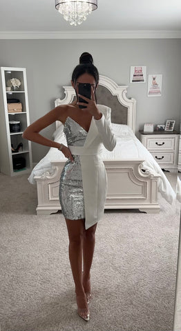 silver dress blazer Silver Night White/Silver Sequin Blazer Dress