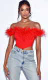 HAUT DE CORSET À BORDURE DE PLUMES ROUGES