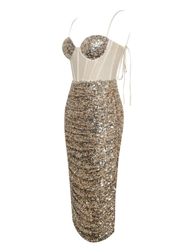 GOLD SEQUIN CORSET MIDI DRESS Large / As Shown GOLD SEQUIN CORSET MIDI DRESS Large / As Shown