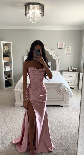 Robe De Soirée A.B.S. By Allen Schwartz - Satin Plissé Rose Poudré Taille 4, Sans Bretelles