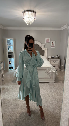 MINT SATIN WRAP MAXI DRESS