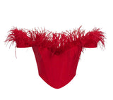 HAUT DE CORSET À BORDURE DE PLUMES ROUGES